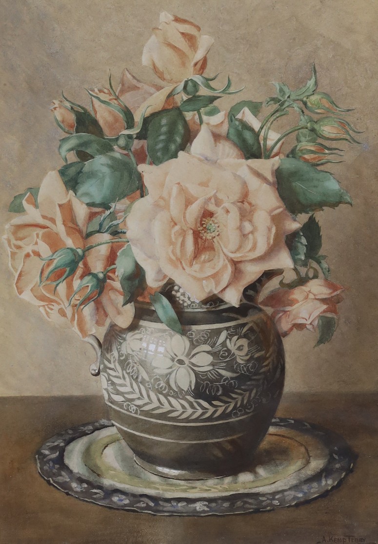 Douglas, Pinder (1886-1949), watercolour, Beach scene, signed and dated '87, 19 x 28cm, a still life of roses by A.Kemp Tebby, and an unsigned Swiss lake scene